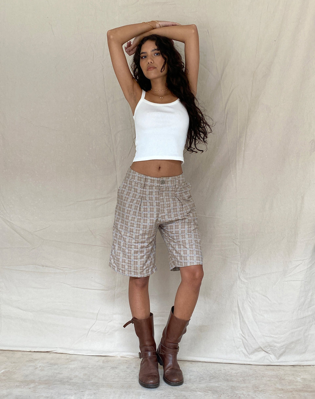 Gail Longline Shorts in Taupe Check