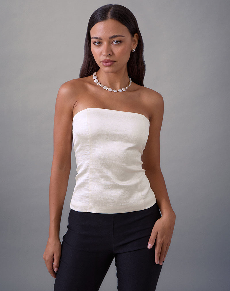 Ayaka Lace Up Corset Top in Satin Jacquard Ivory