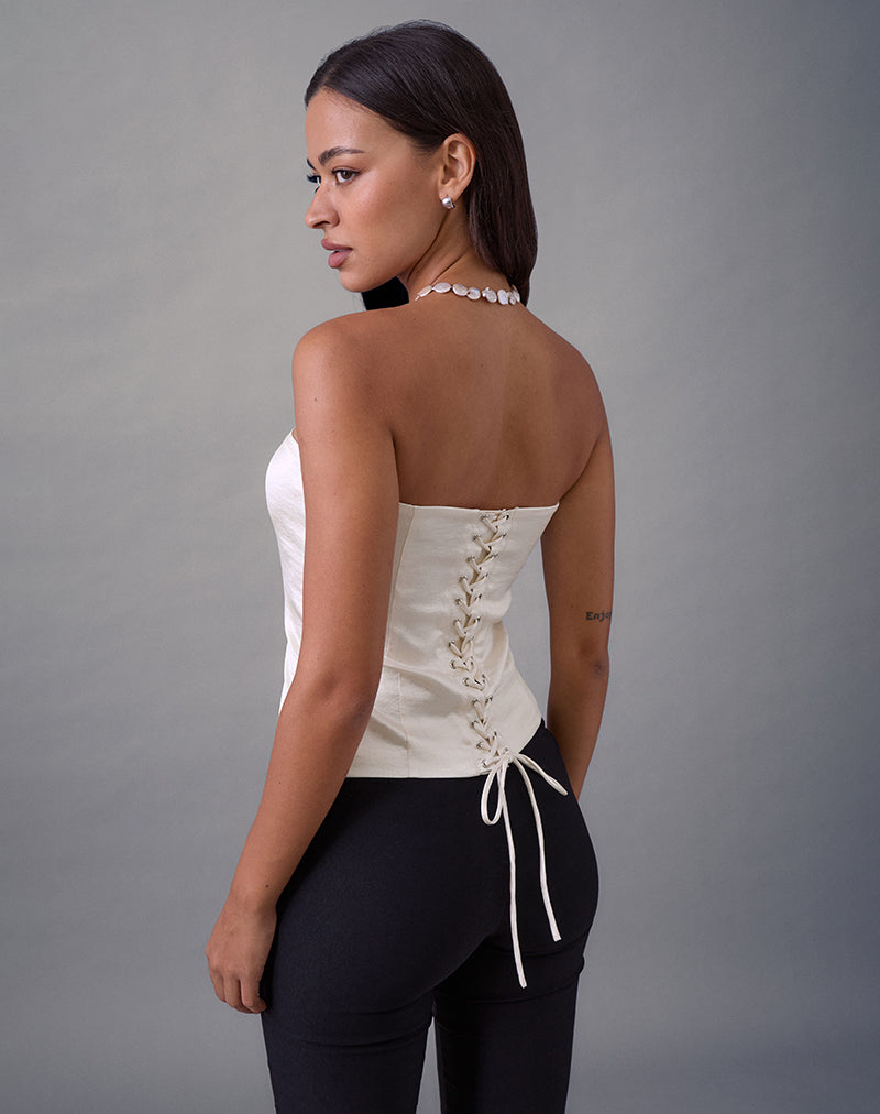Ayaka Lace Up Corset Top in Satin Jacquard Ivory