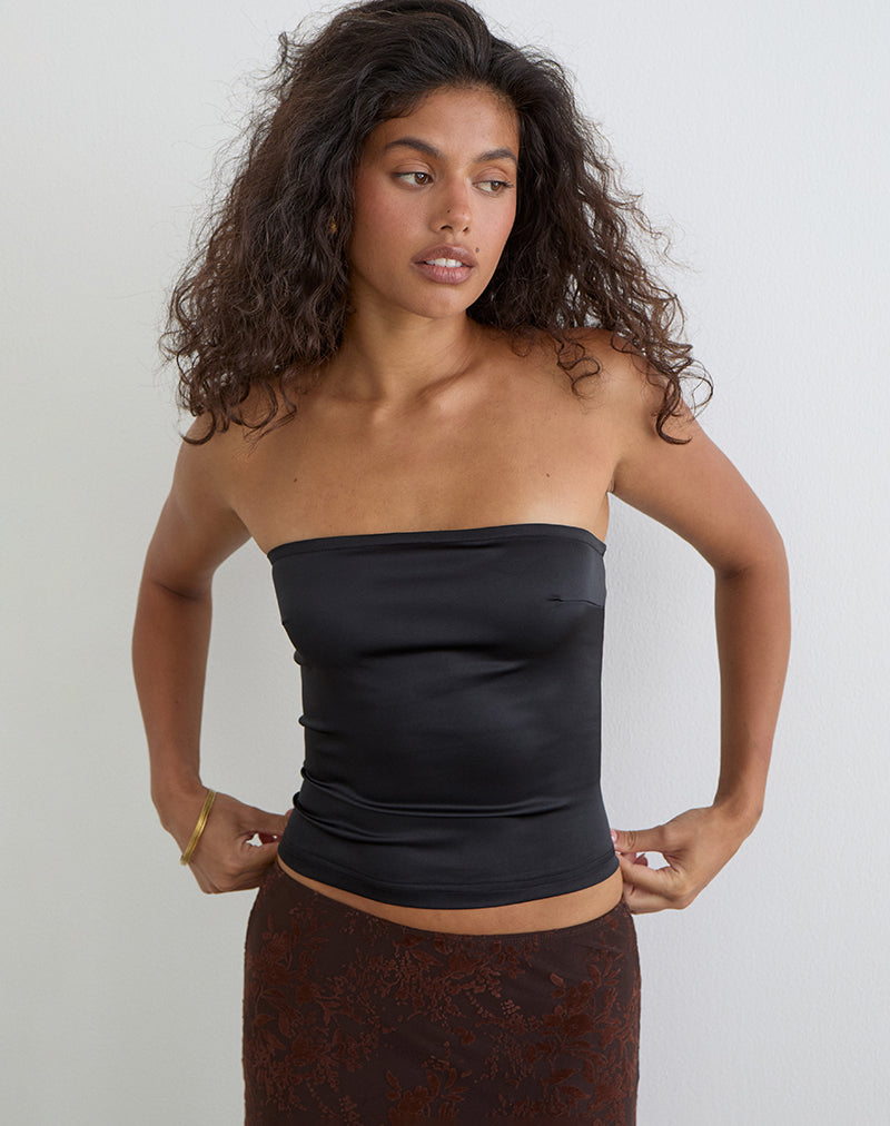 Ayaka Lace Up Bandeau Corset Top in Satin Black