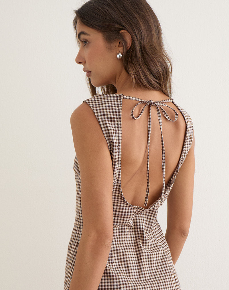 Ayana Backless Mini Dress in Linen Brown Gingham