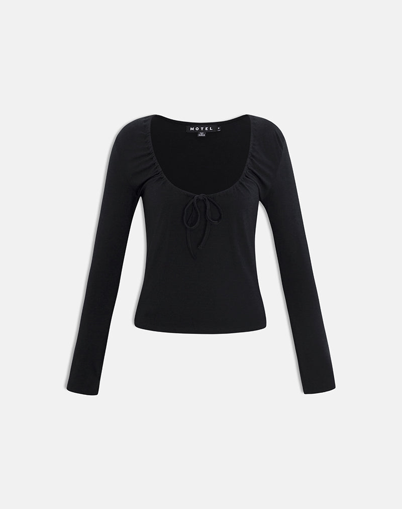 Image of Aye Plunge Long Sleeve Top with Ruched Neck in Black