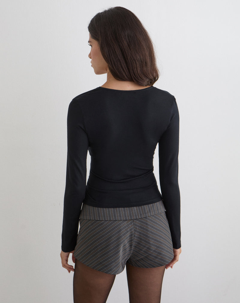 Image of Aye Plunge Long Sleeve Top with Ruched Neck in Black