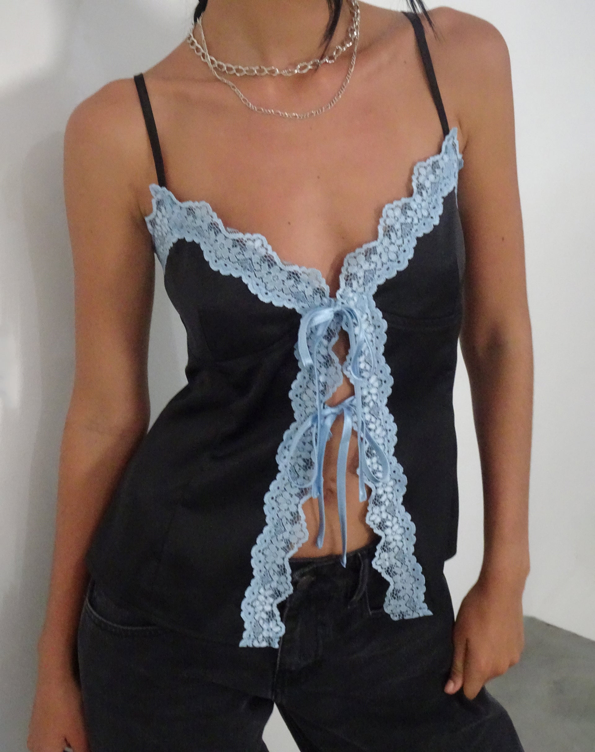 Images of Bahela Tie Front Cami Top in Black with Blue Lace