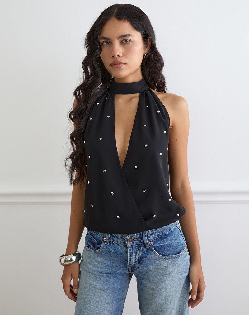 Image of Bajo Halter Bubble Top in Chiffon Black with Studs