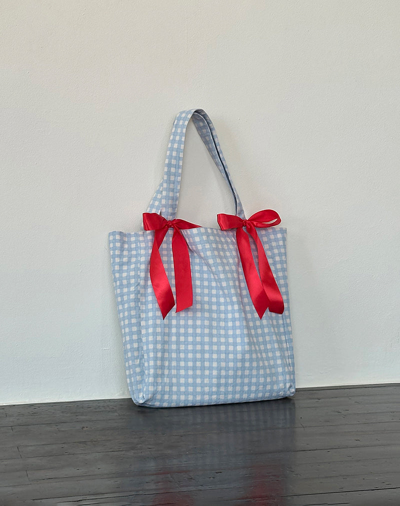 Barbara Tote Bag in Blue Gingham with Red Bow
