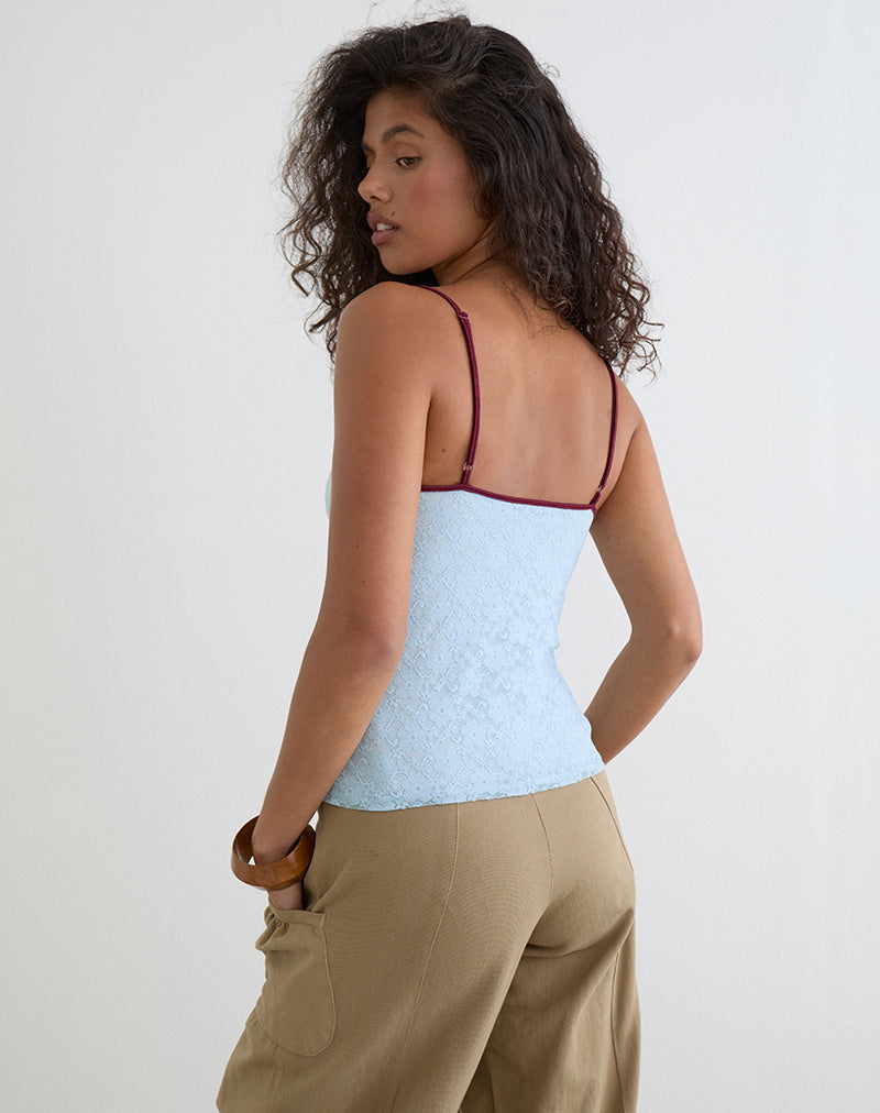 Image of Barlyn Cami Top in Lace Turquoise with Burgundy Binding