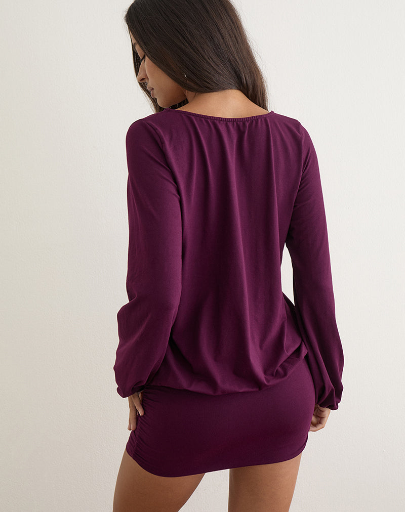 Image of Bede Long Sleeve Deep Plunge Mini Dress in Fig