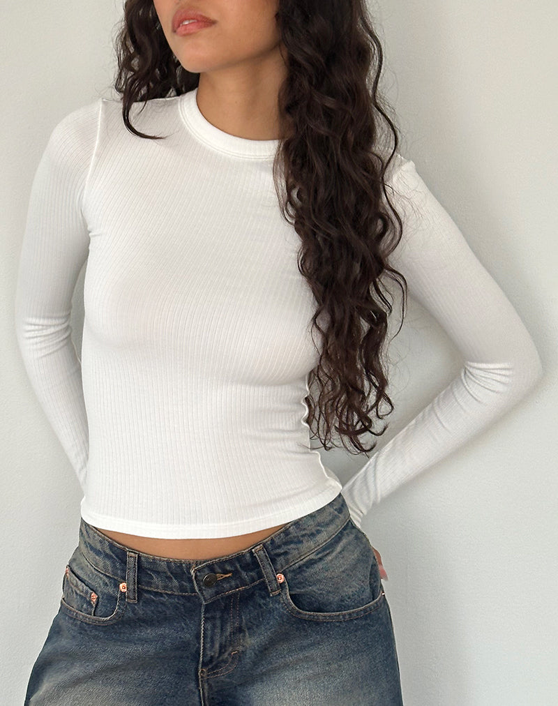 Beech Ribbed Long Sleeve Top in Off White