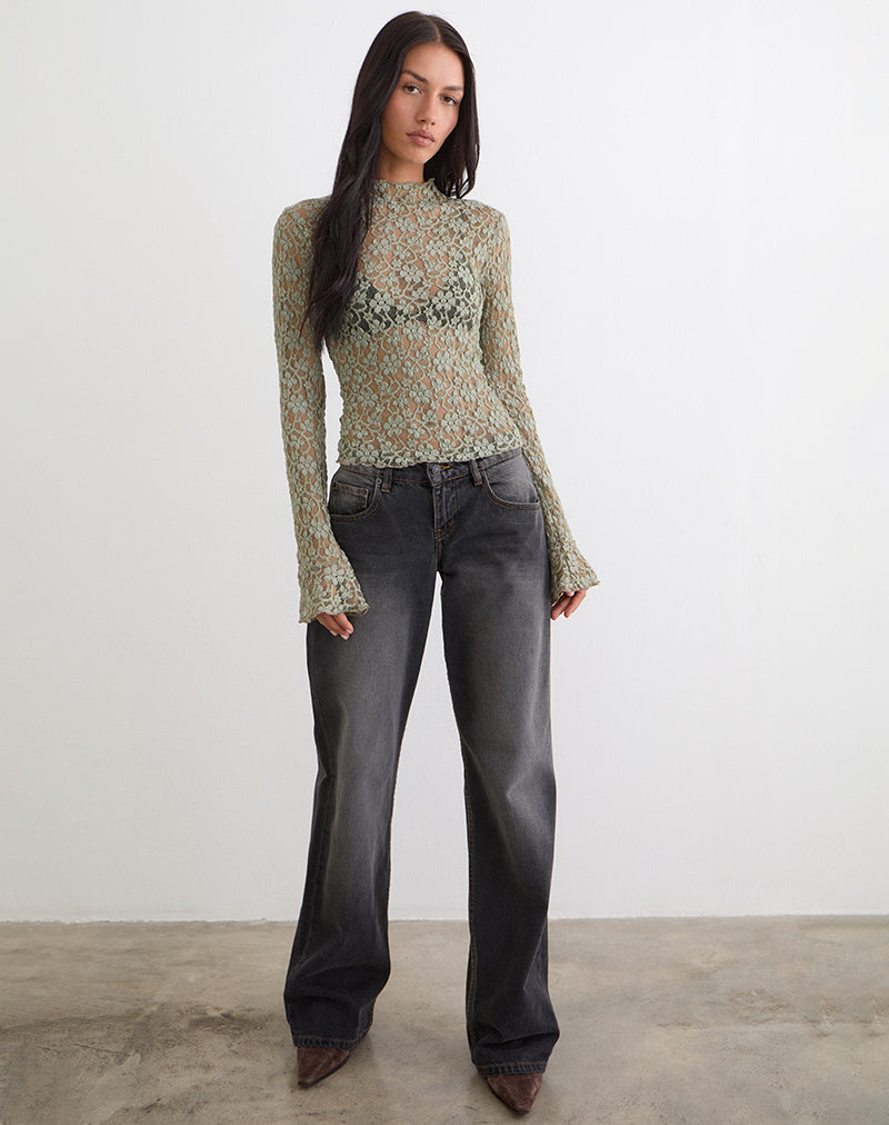 Beerus Long Sleeve Mock Neck Top in Lace Sage Green