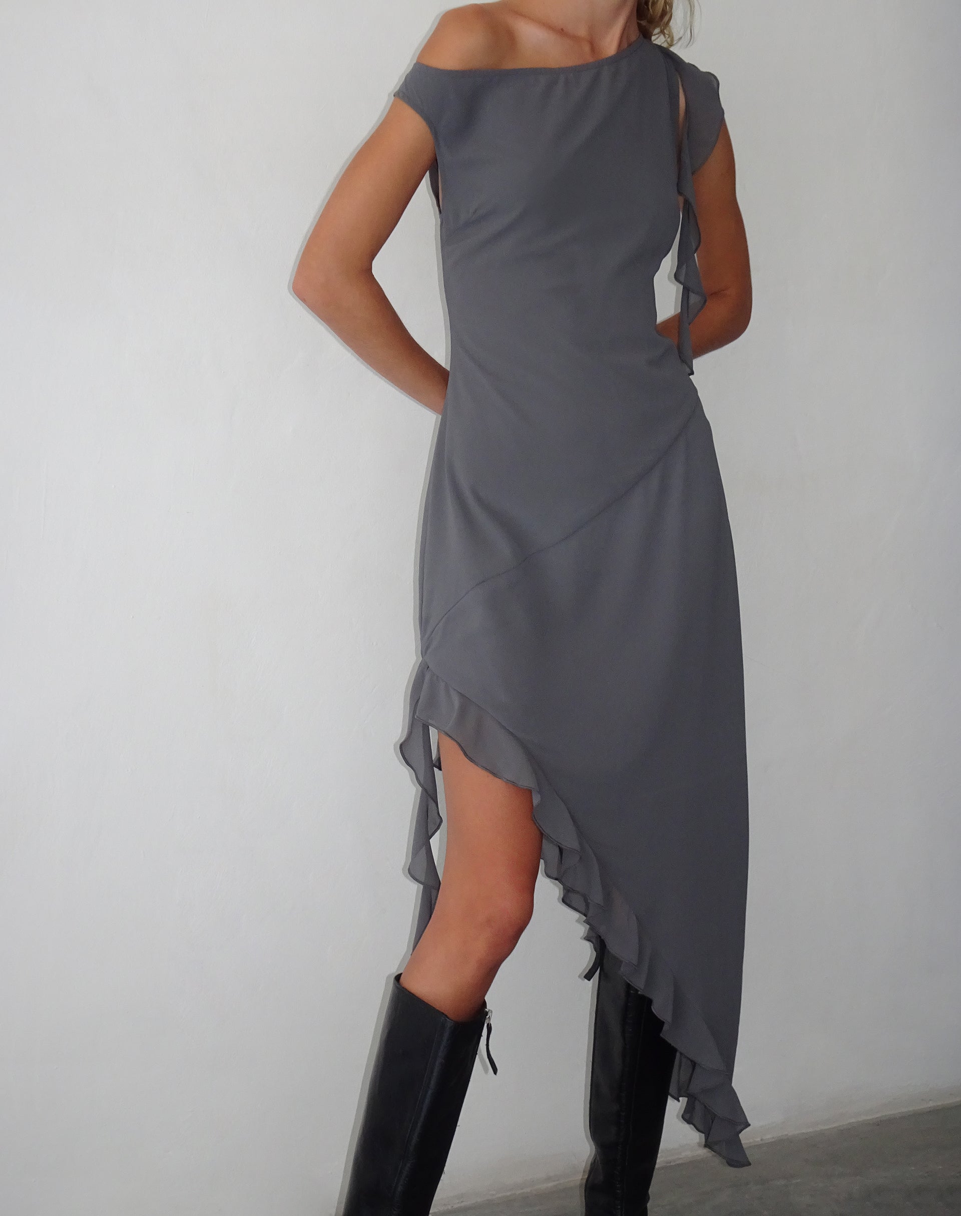 Image of Beleri Ruffle Asymmetric Dress in Grey Chiffon