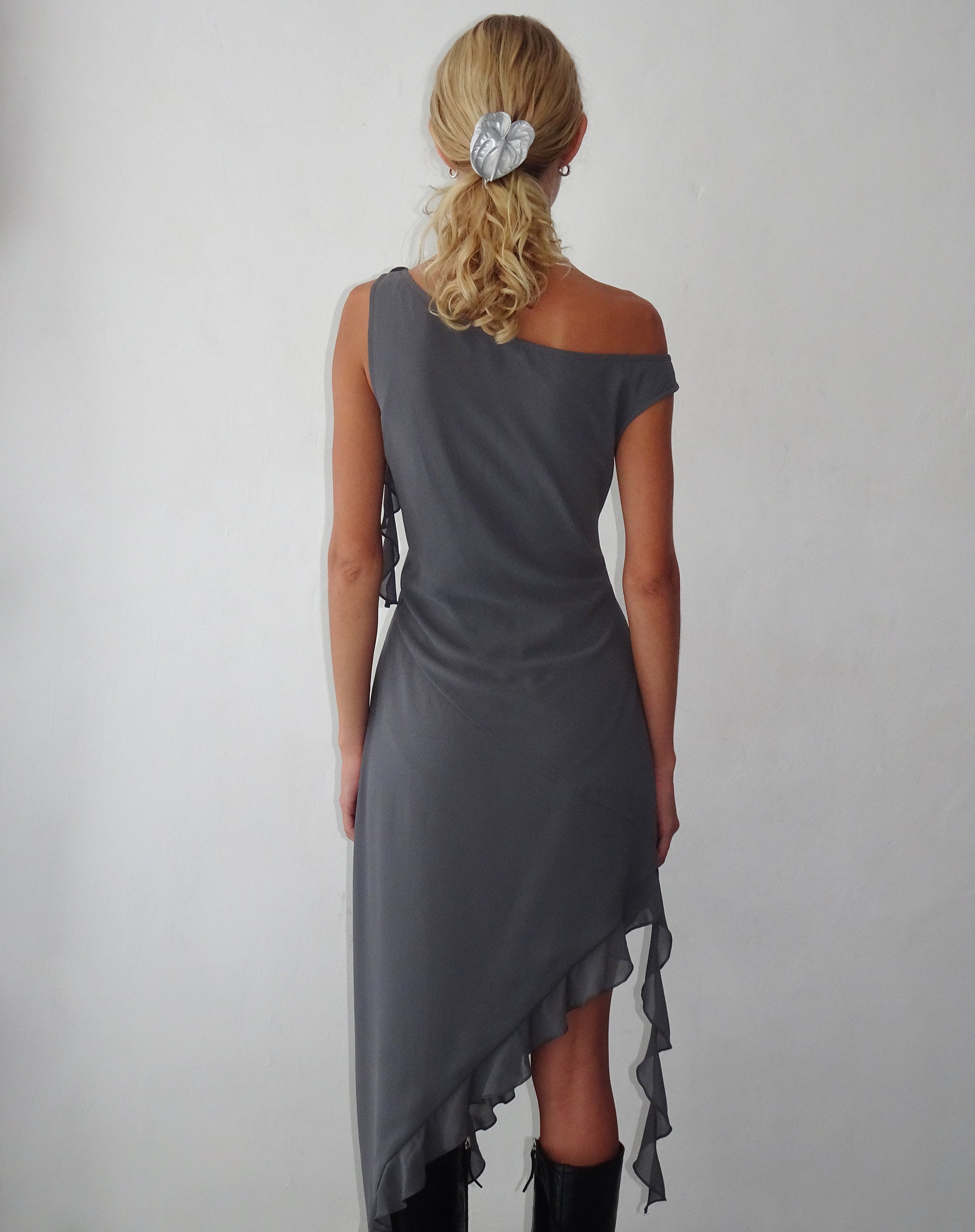 Image of Beleri Ruffle Asymmetric Dress in Grey Chiffon