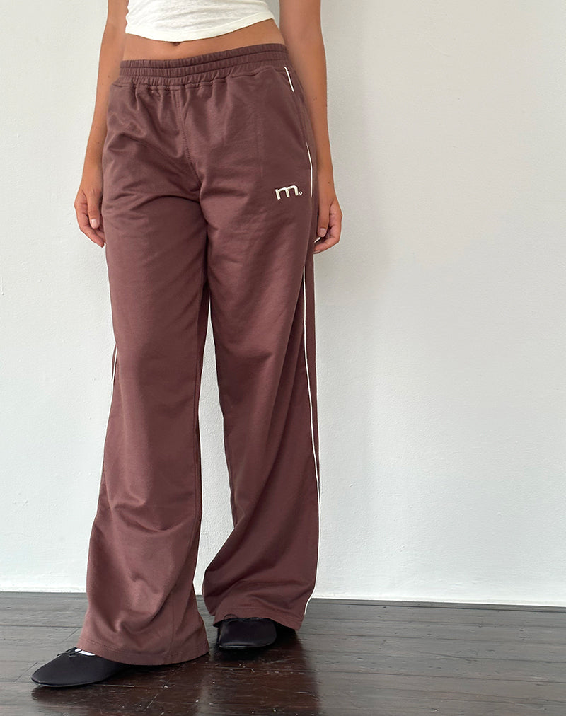 Benton Wide Leg Jogger in Mahogany with Ivory Piping and M Embroidery