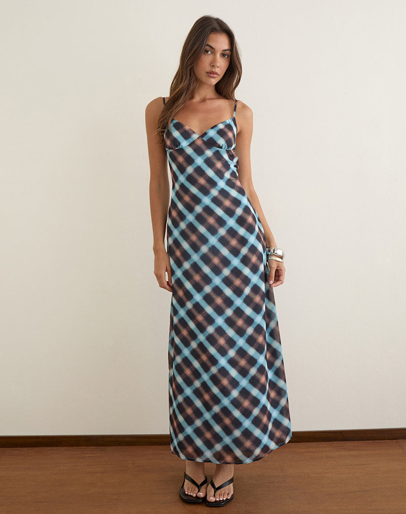 Bianna Dress in Chiffon Black and Blue Hazy Check