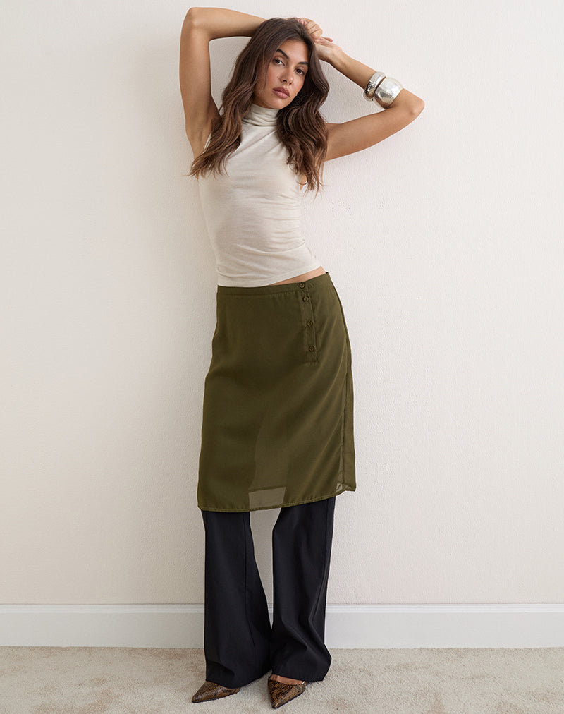 Image of Bintuni Midi Skirt with Buttons in Chiffon Khaki