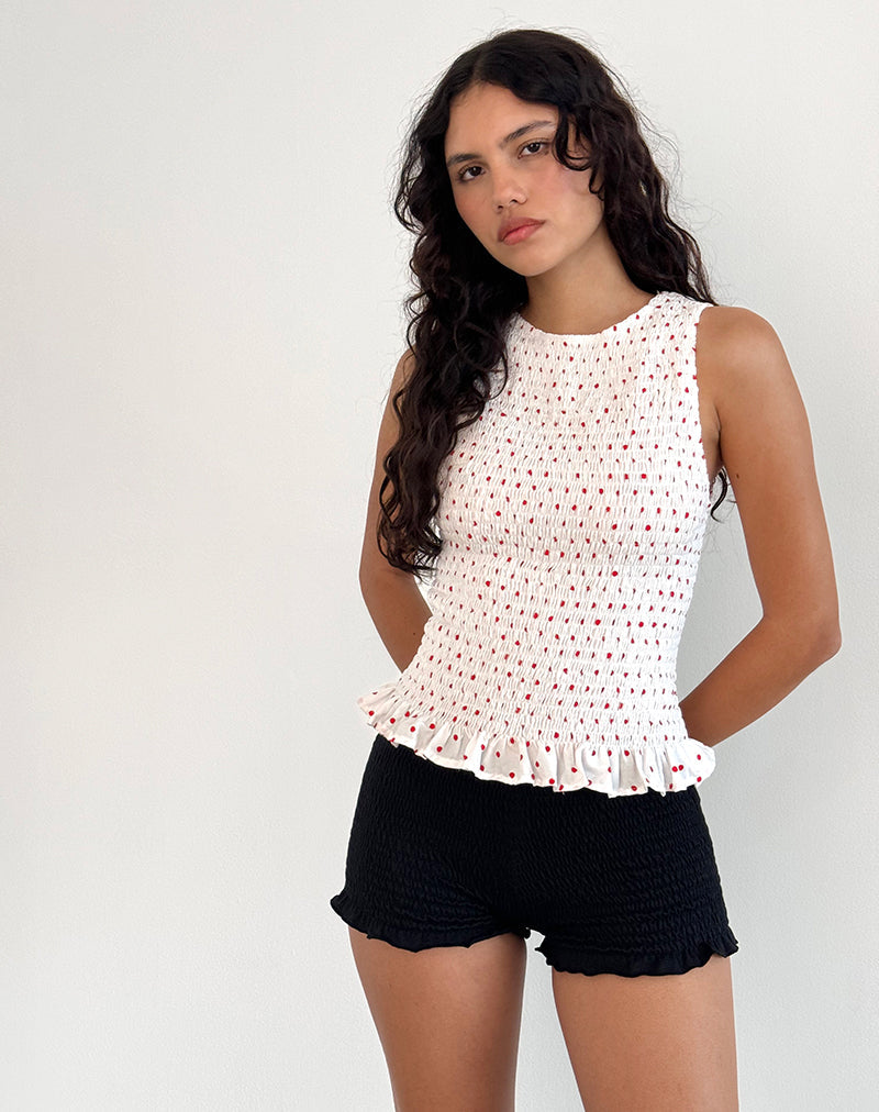 Birita Shirred Tank Top in White and Red Polkadot