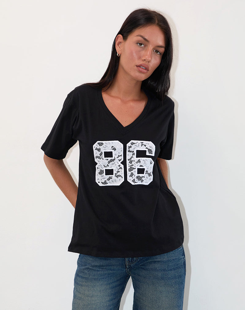 T-shirt oversize Blaine en noir avec broderie en dentelle blanche 86