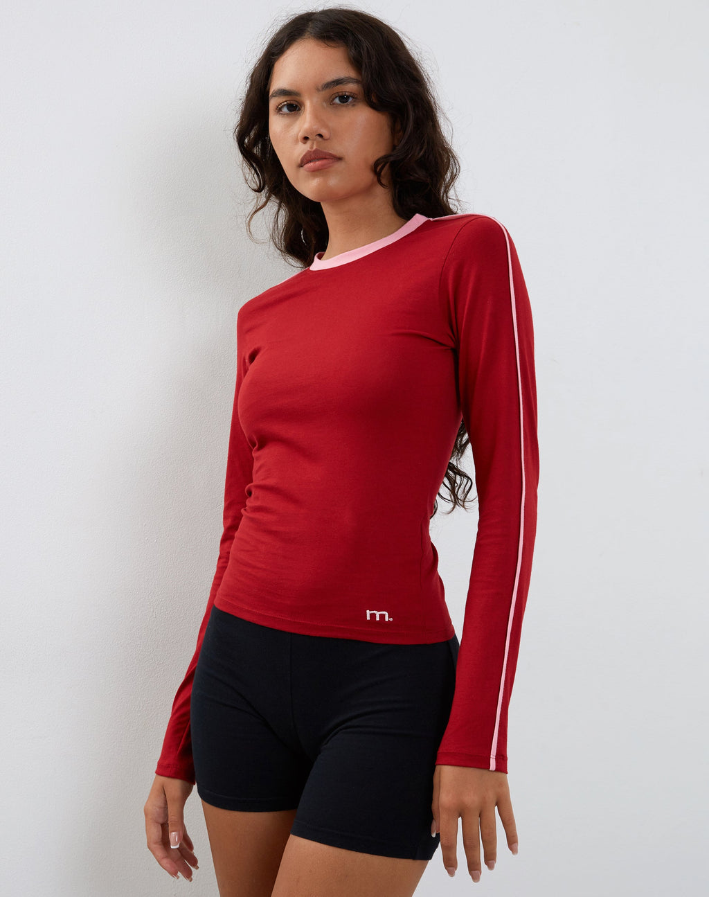 Bonija Long Sleeve Top in Red with Pink Binding