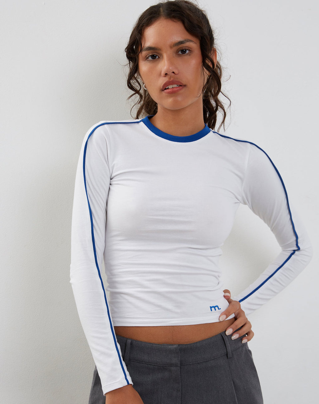 Bonija Long Sleeve Top in White with Cobalt Binding