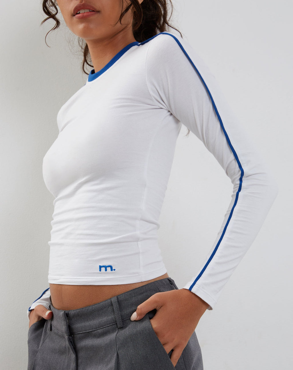 Bonija Long Sleeve Top in White with Cobalt Binding