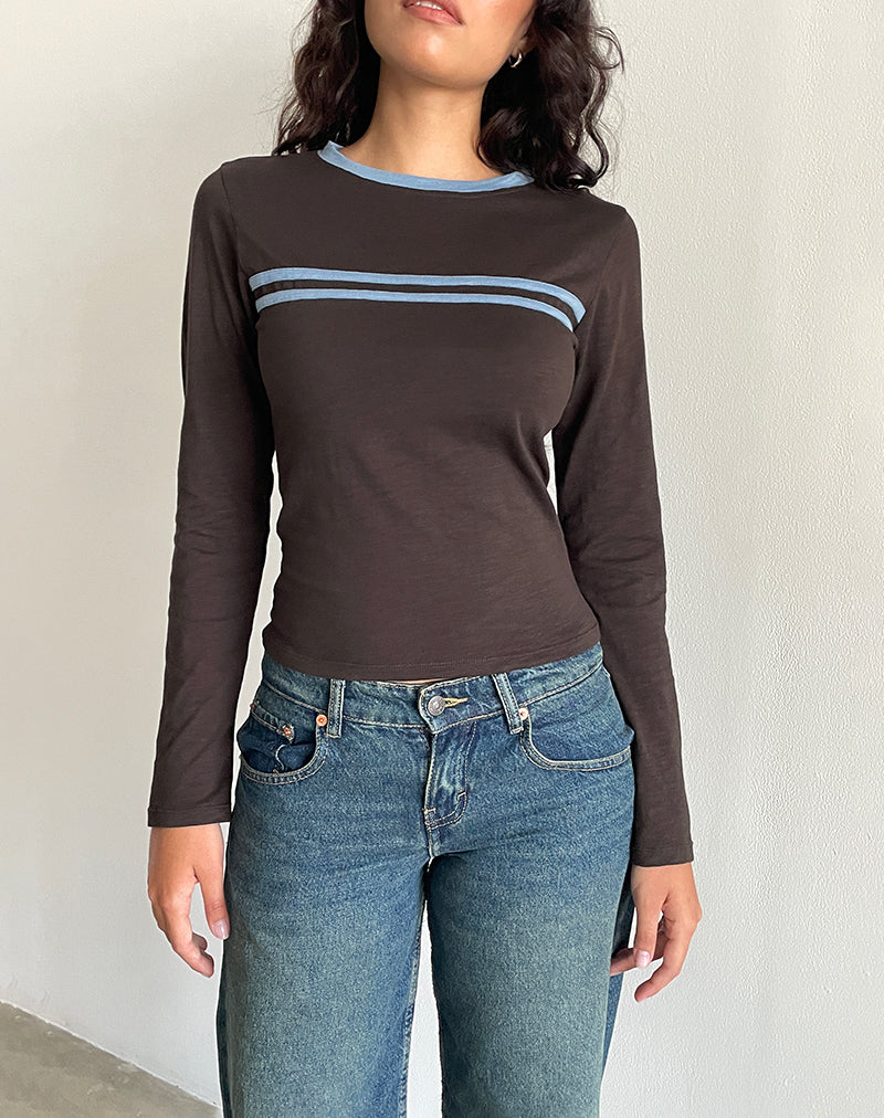 Bonjita Long Sleeve Top in Chocolate Brown with Ash Blue Two Stripe Binding