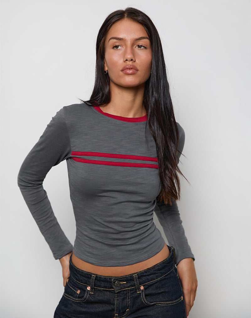 Bonjita Long Sleeve Top in Storm Grey with Adrenaline Red Binding