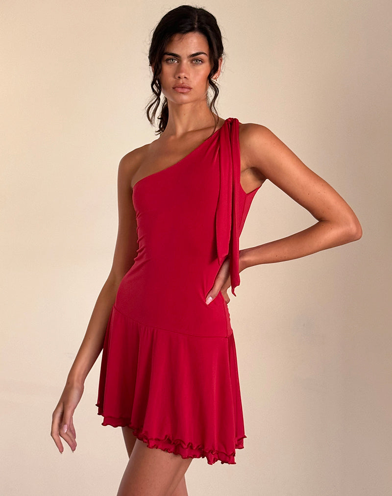 Image of Boone One Shoulder Mini Dress in Slinky Red