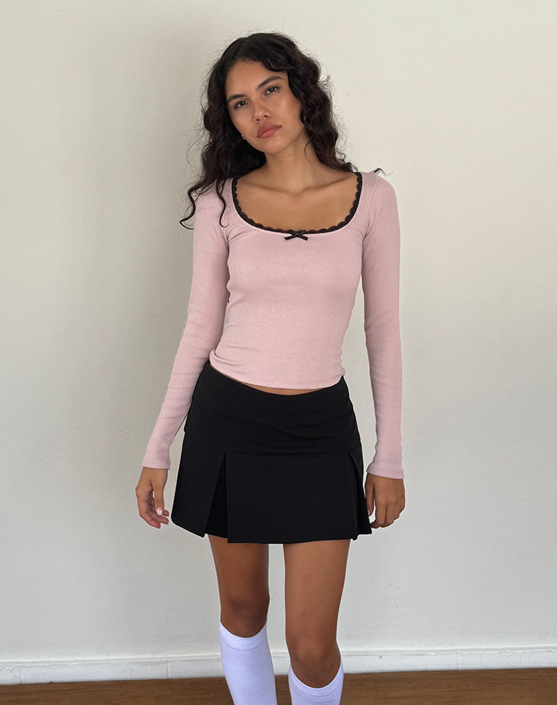 Bovita Long Sleeve Ribbed Top in Pink Lady with Black Lace