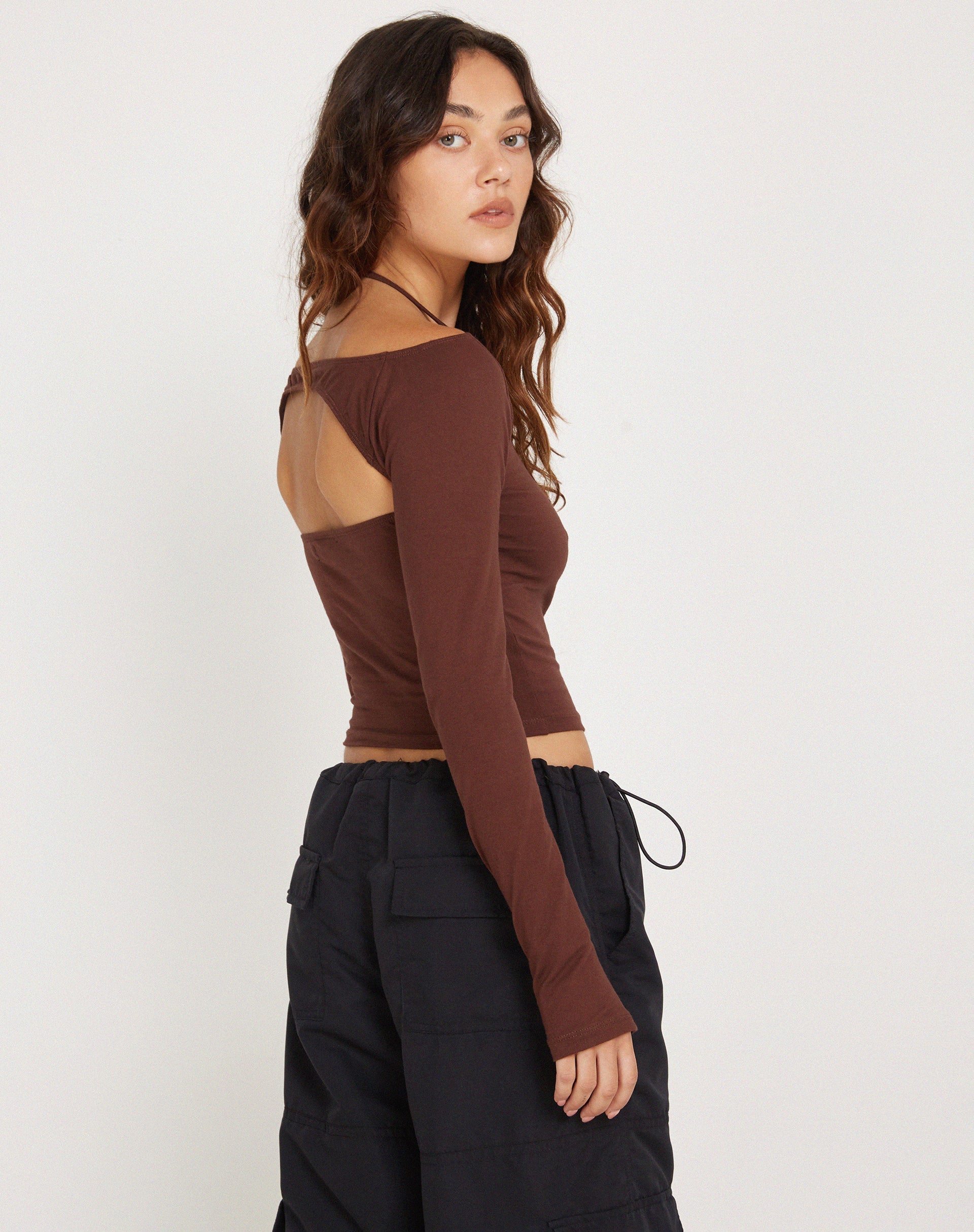 image of Braja Long Sleeve Halterneck Top in Seal Brown