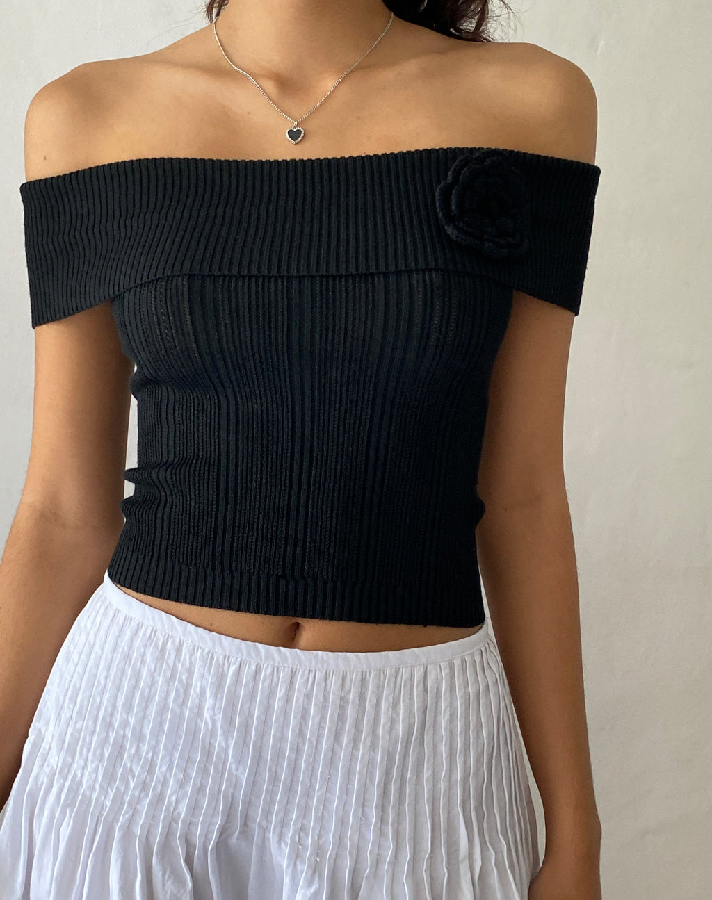 Brenda Knitted Bardot Top in Black with Rosette