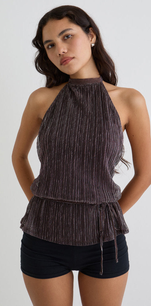 Image of Brienne Top in Brown Shimmer Sheer Plisse