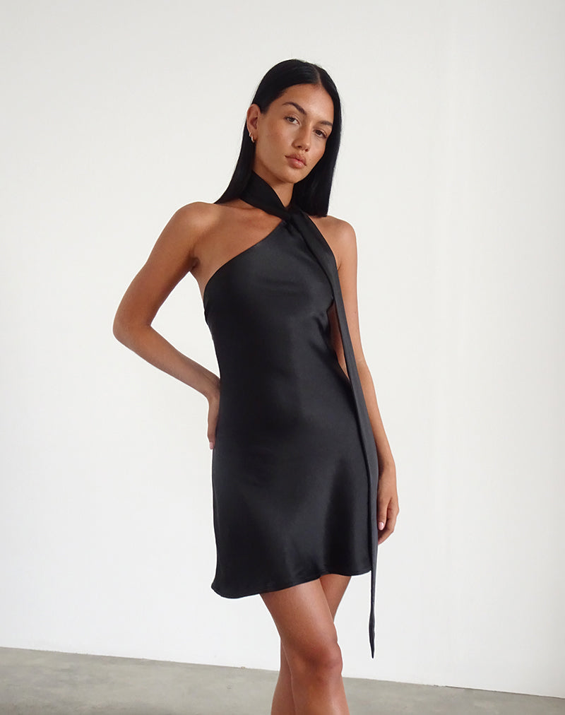 Image of Brigid One Shoulder Satin Dress in Black