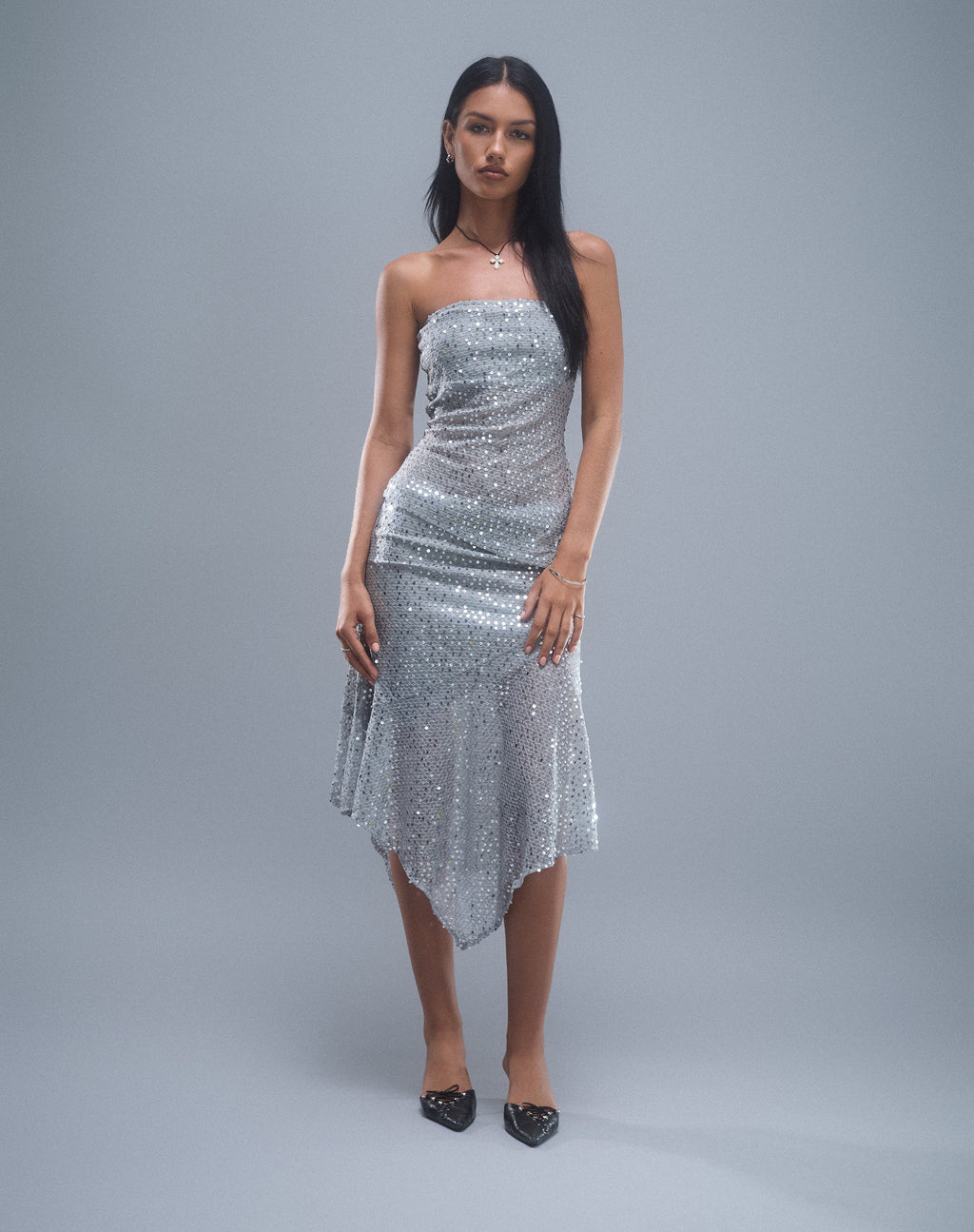 Carita Midi Skirt in Sequin Knit Silver