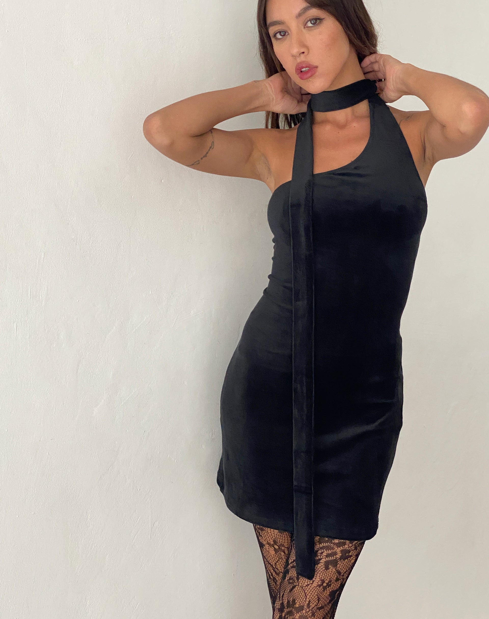 Image of Bripca One Shoulder Neck Tie Mini Dress in Black Velvet