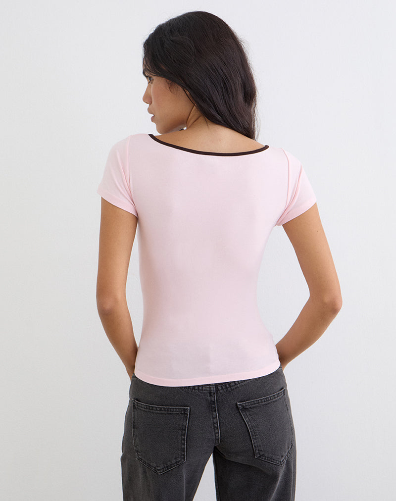 Image of Bunga Flower Cut Out Top in Light Pink with Bitter Chocolate Binding