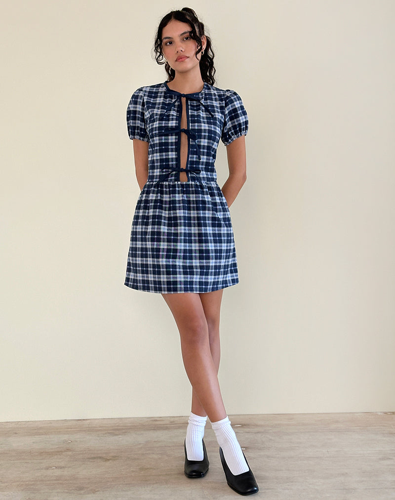 Robe Byan nouée sur le devant en tartan bleu foncé