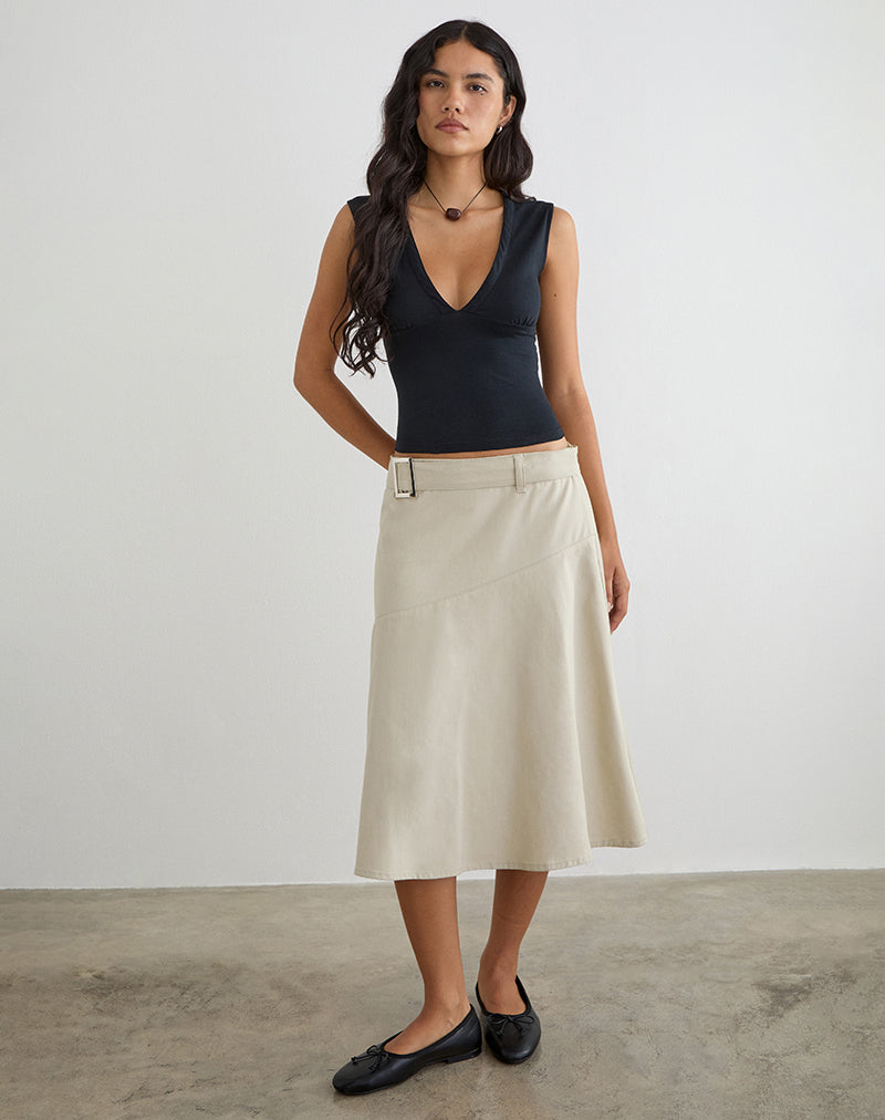 Image of Cabot Midi Skirt with Belt in Cotton Twill Latte