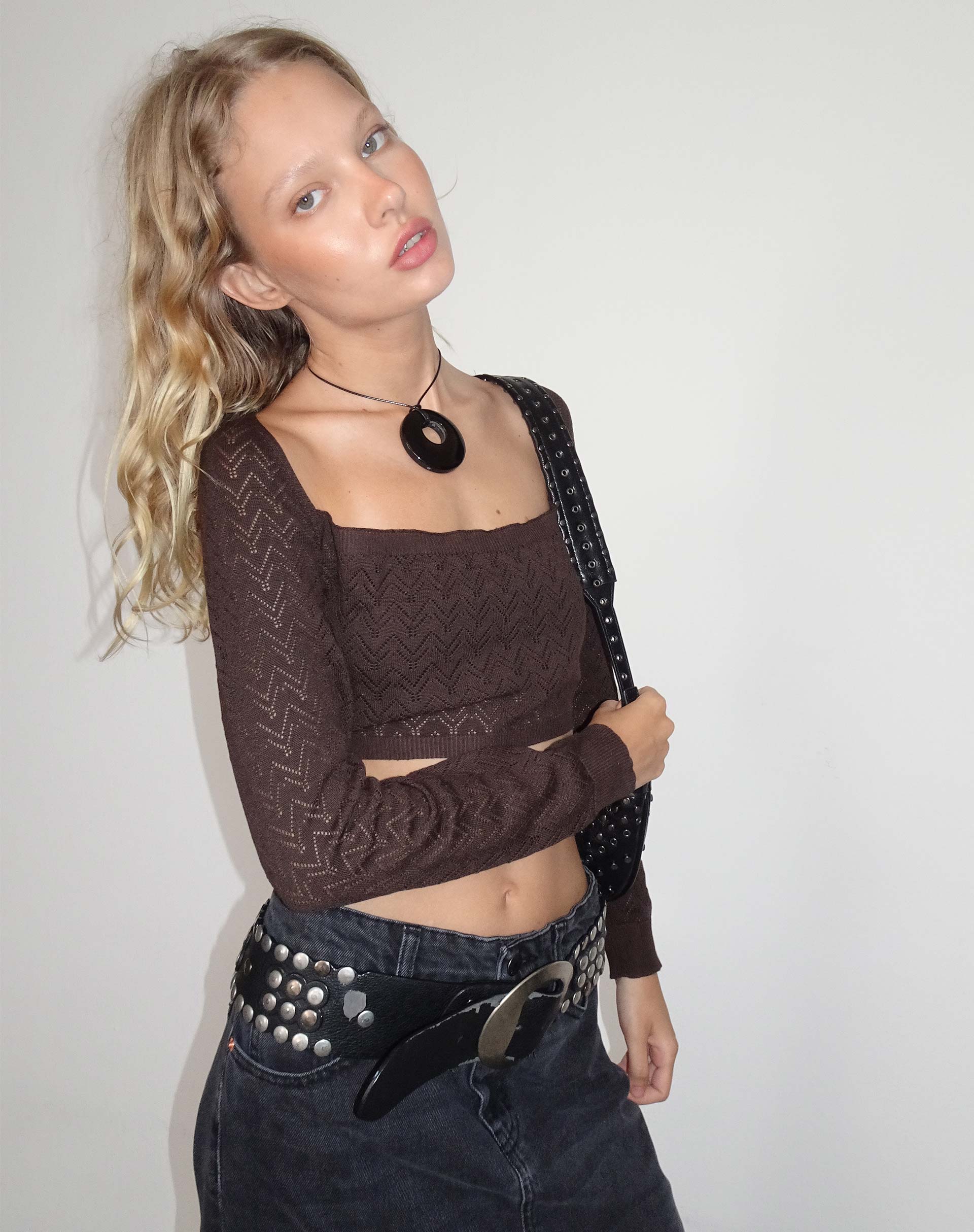 image of Calum Long Sleeve Top in Lightweight Pointelle Coffee