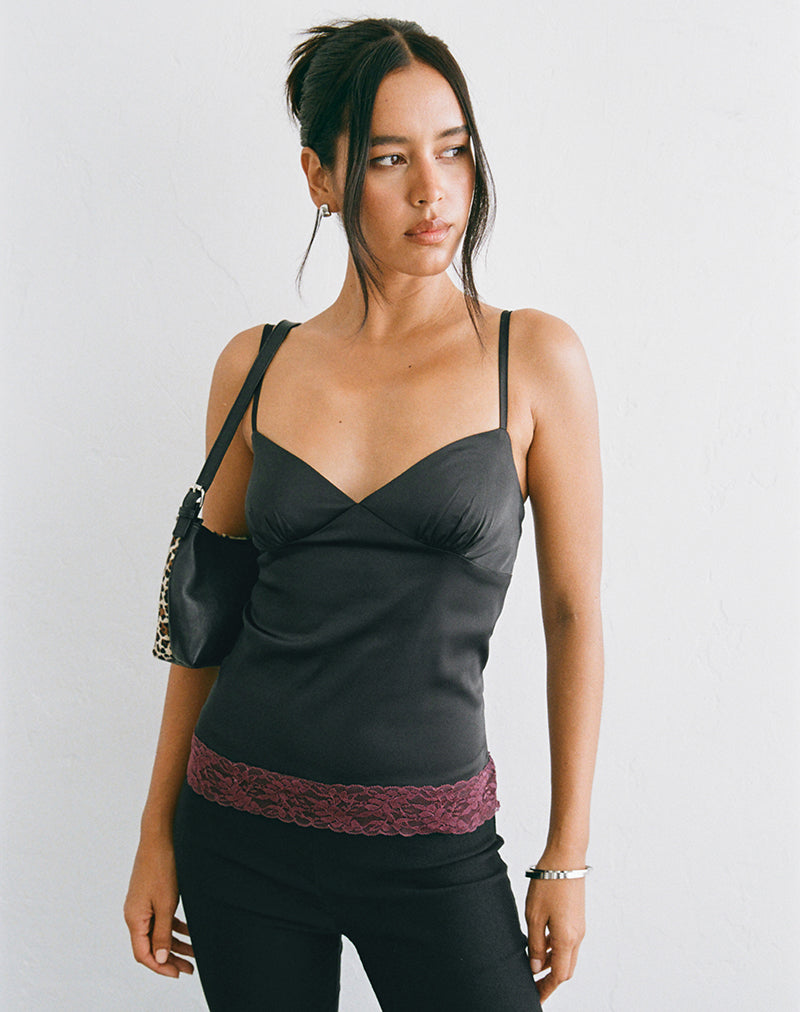 Image of Camara Top in Satin Black with Lace Trim Burgundy