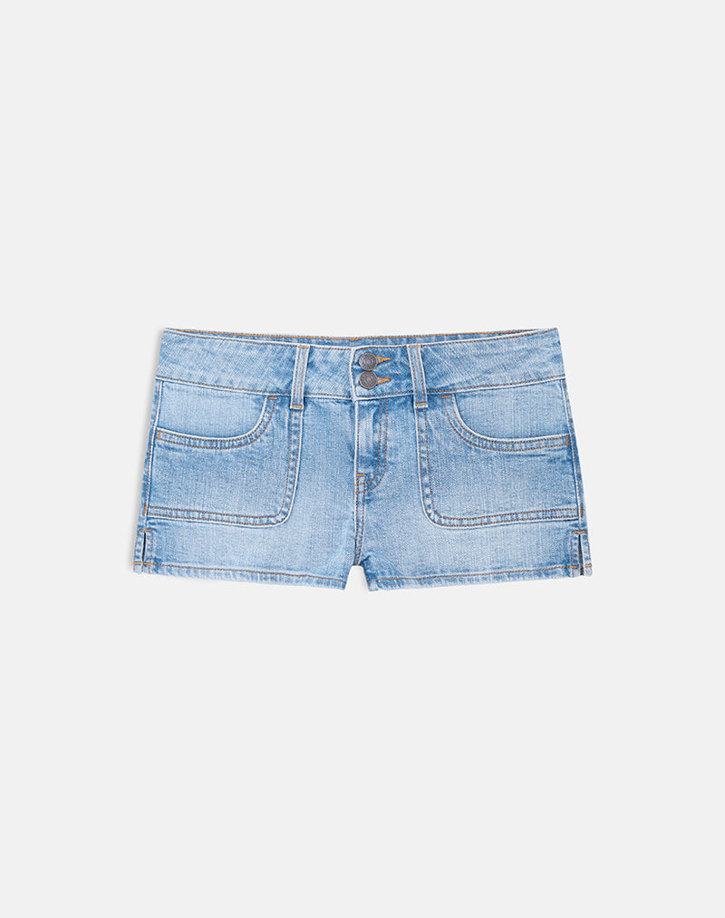 Image of Low Rise Denim Cargo Hotpant In Sky Blue