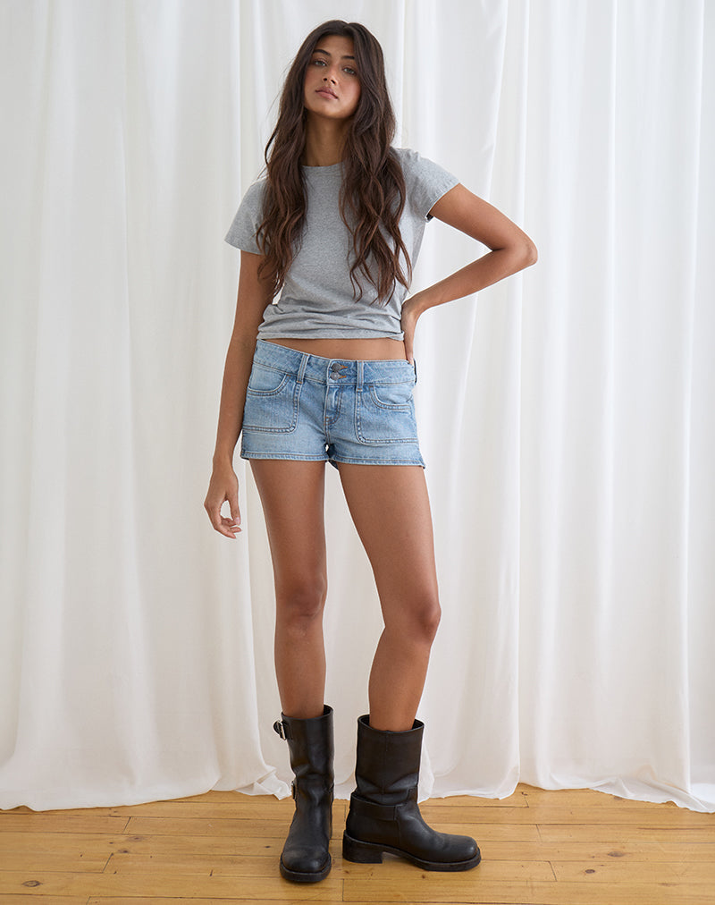 Low Rise Denim Cargo Hotpant in Mid Bleach