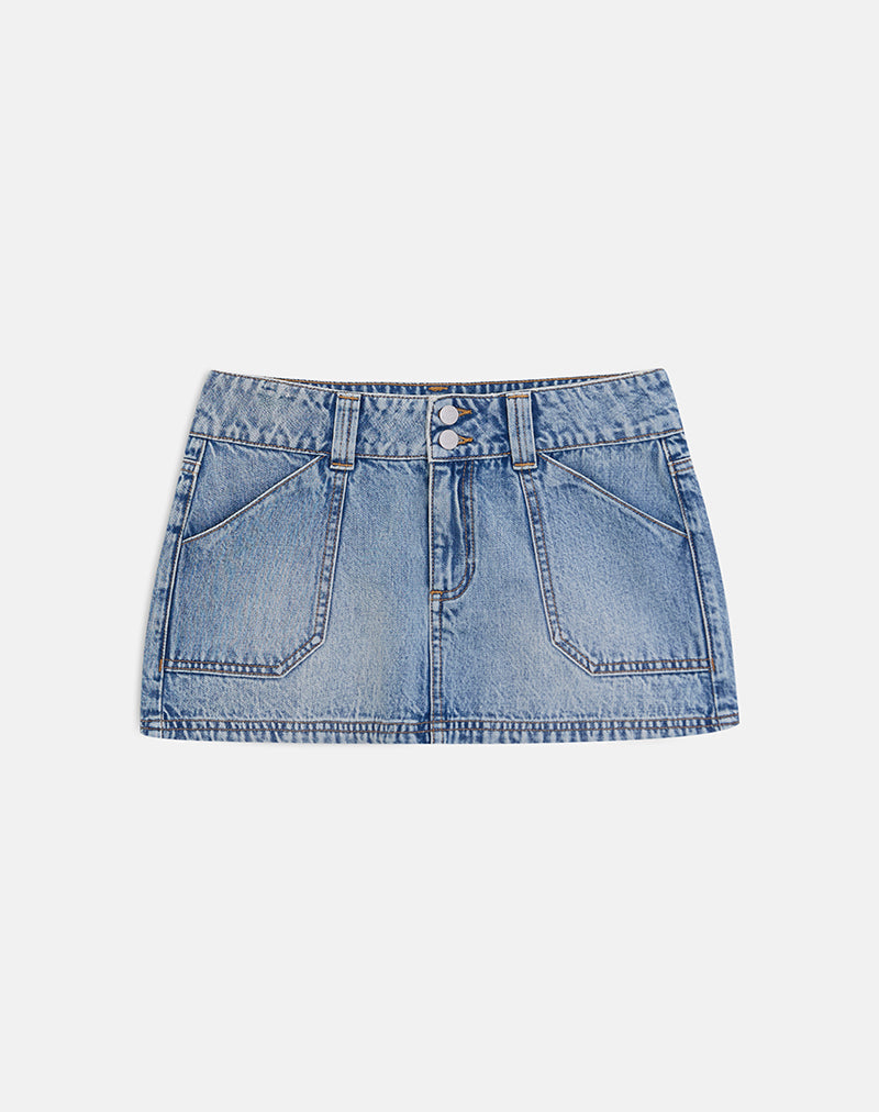 Image of Cargo Denim Mini Skirt in Vintage Blue Wash