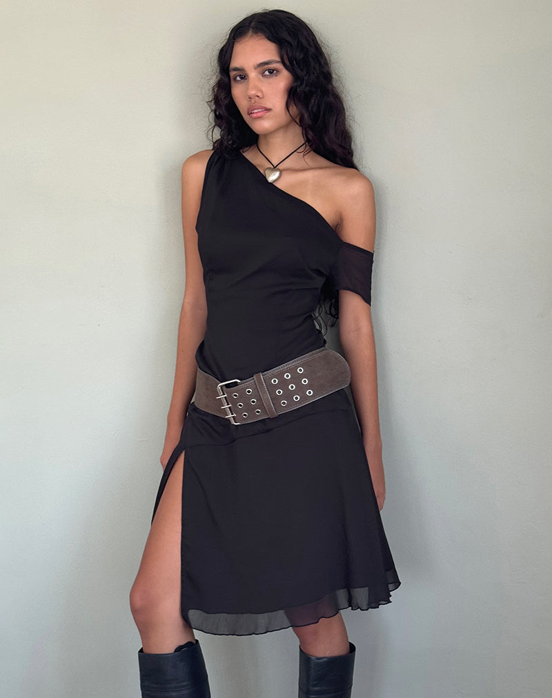 Carissa One Shoulder Chiffon Midi Dress in Black