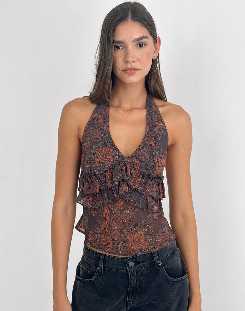 Casoya Top in Chiffon Royal Paisley Burgundy