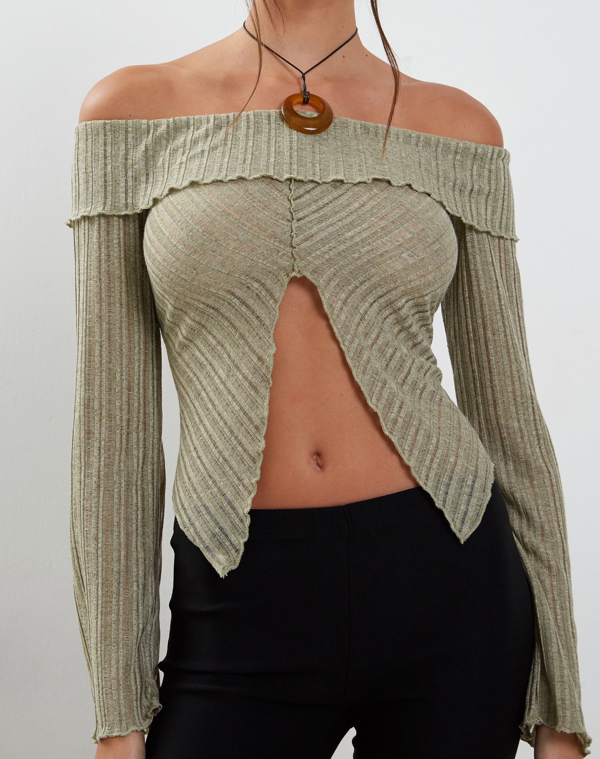 Image of Celeste Long Sleeve Bardot Knitted Top in Sage