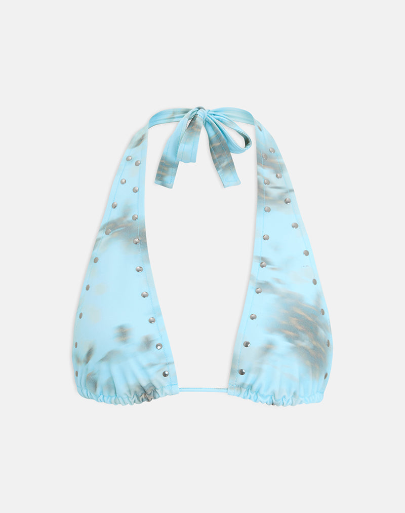 Image of Cerry Bikini Top in Blurry Leafy Leopard Blue with Studs
