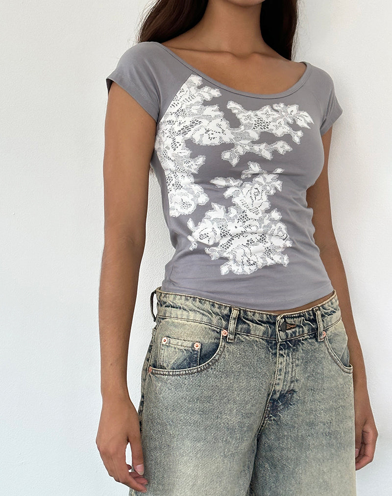 Charya Off the Shoulder Top in Grey Floral Lace