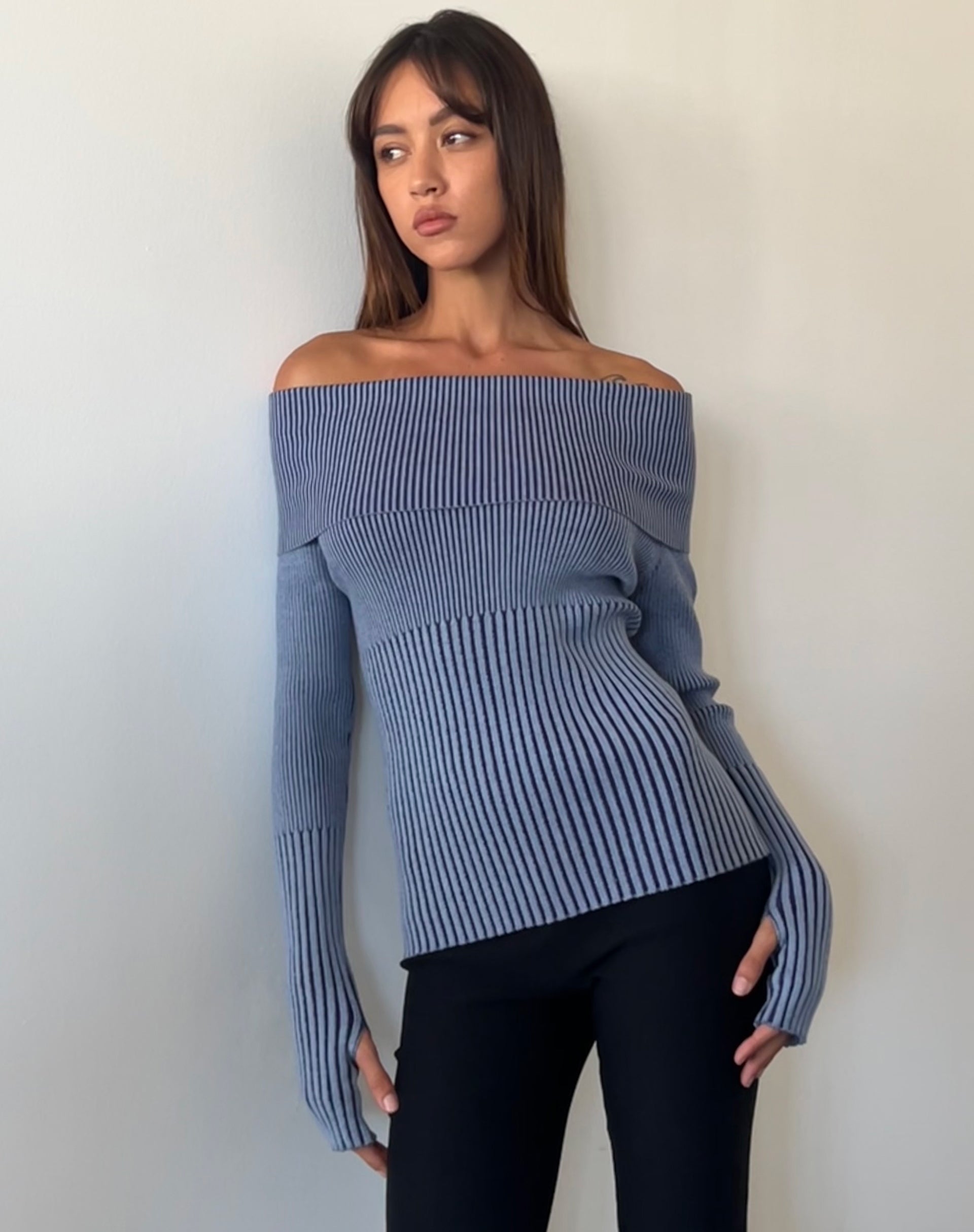 Blue Knitted Bardot Jumper Circe motelrocks com eur