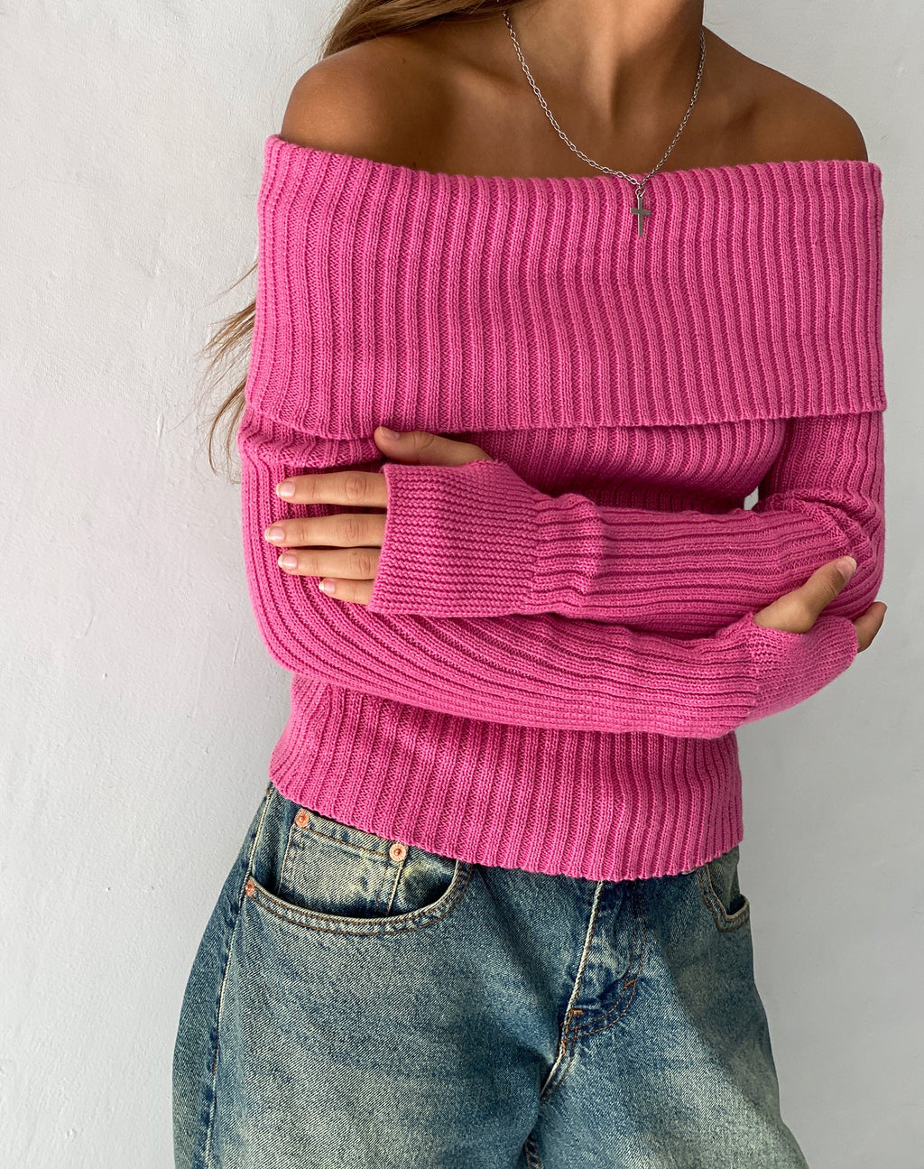 Circe Off-Shoulder Long Sleeve Knit Top in Hot Pink