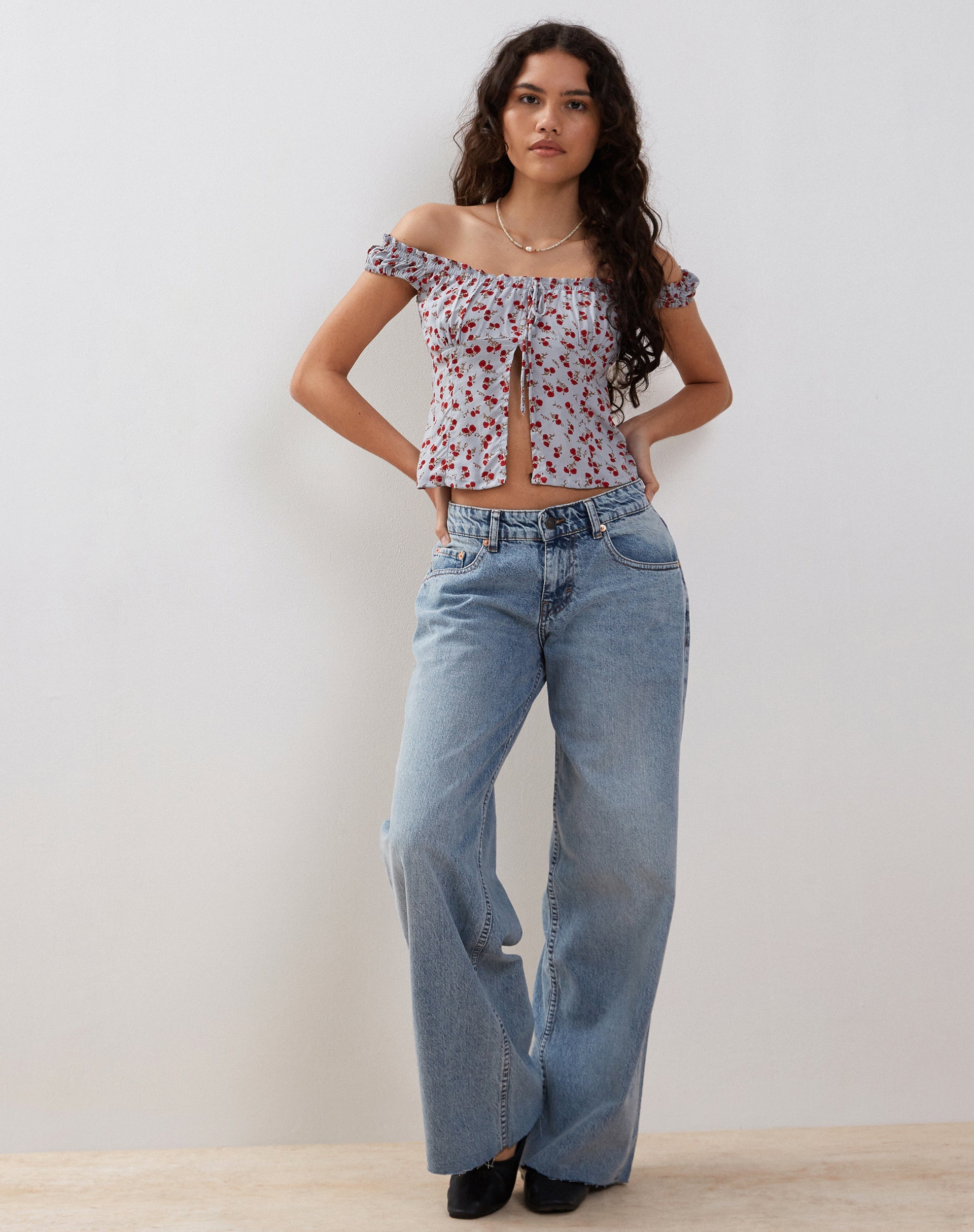 Image of Citra Bardot Frill Top in Blue Floral Ditsy